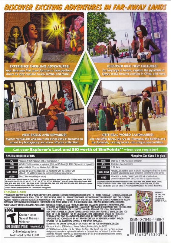 Back Cover for The Sims 3: World Adventures (Macintosh and Windows)