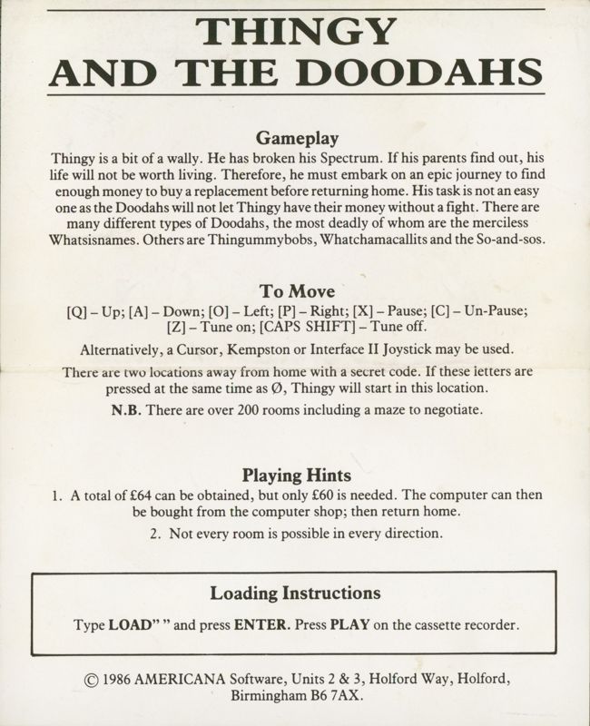 Inside Cover for Thingy and the Doodahs (ZX Spectrum)