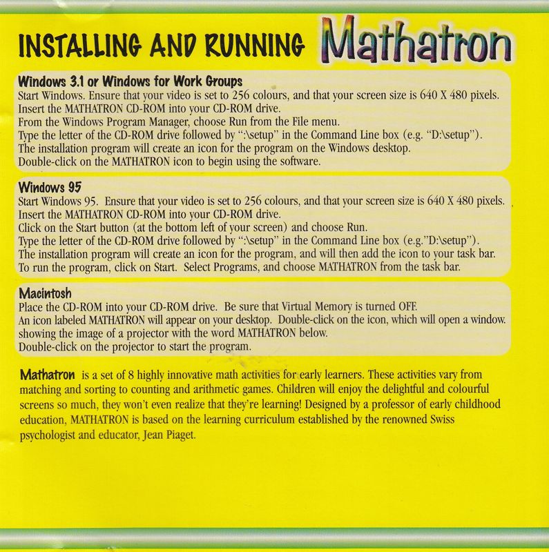 Inside Cover for Mathatron (Macintosh and Windows 3.x): Front Reverse