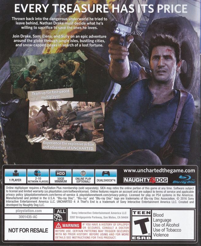 Back Cover for Uncharted 4: A Thief's End (PlayStation 4)