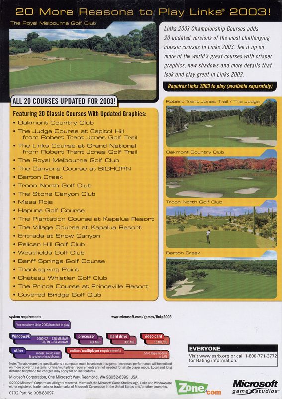 Back Cover for Links 2003: Championship Courses (Windows)