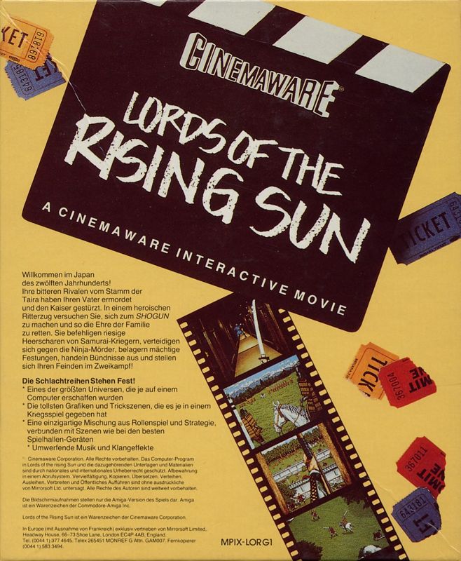 Back Cover for Lords of the Rising Sun (Amiga)