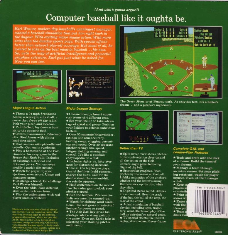 Back Cover for Earl Weaver Baseball (DOS) (Dual Media Release)