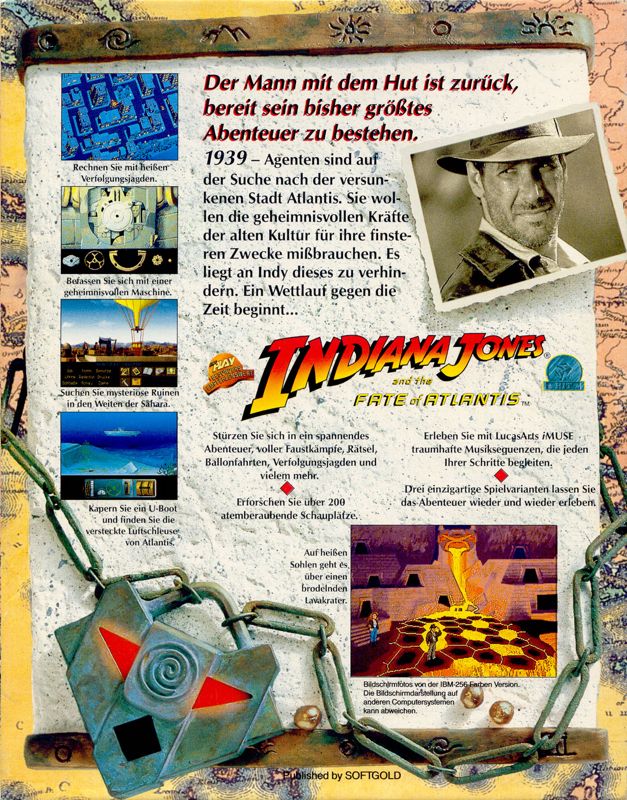 Back Cover for Indiana Jones and the Fate of Atlantis (DOS) (English version with German covers, 5.25'' floppy release)