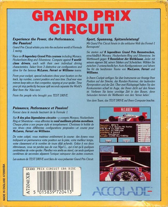 Back Cover for Grand Prix Circuit (Commodore 64)