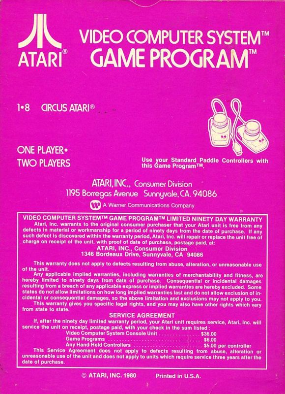 Back Cover for Circus Atari (Atari 2600)