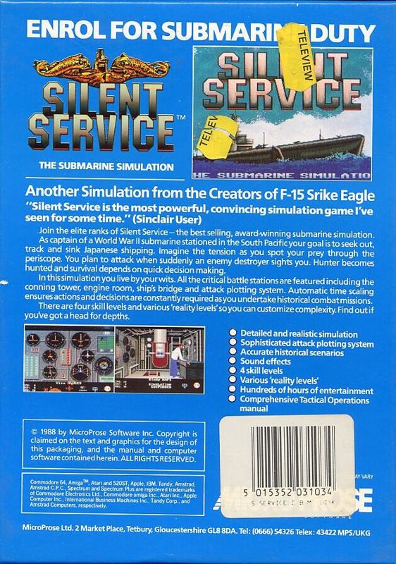 Back Cover for Silent Service (Commodore 64)