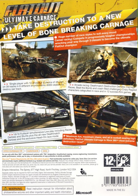 Back Cover for FlatOut: Ultimate Carnage (Xbox 360)