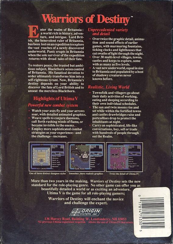 Back Cover for Ultima V: Warriors of Destiny (Commodore 128 and Commodore 64)