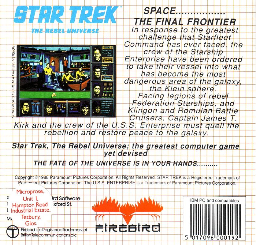 Back Cover for Star Trek: The Rebel Universe (DOS)
