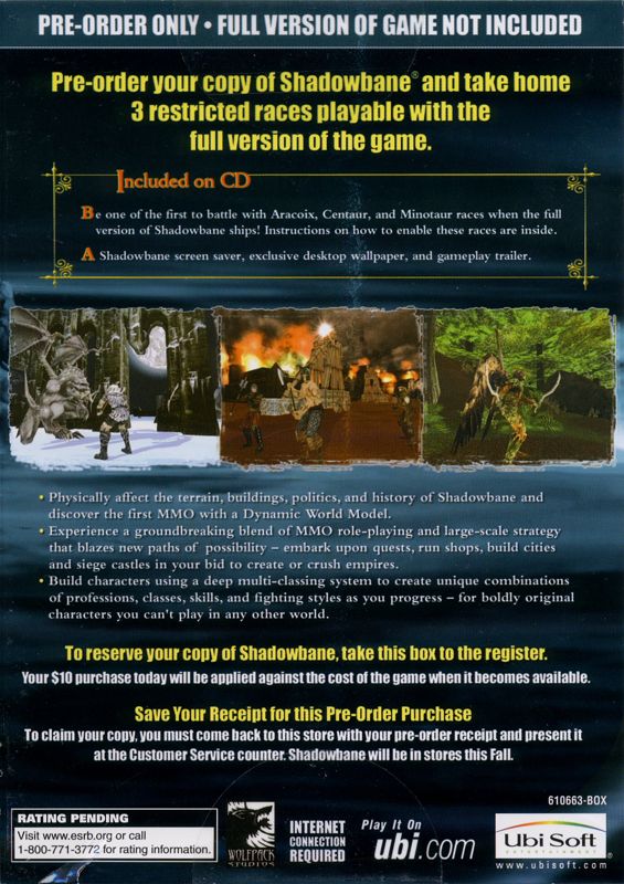 Back Cover for Shadowbane (Windows) (Pre-Order - contains 3 restricted races)