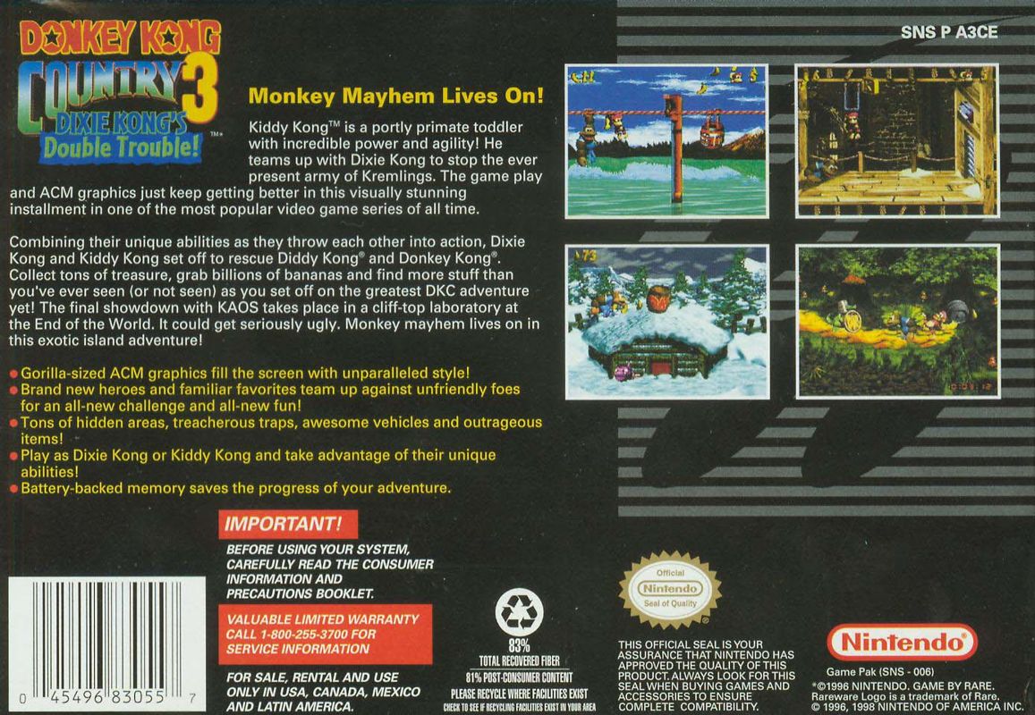 Back Cover for Donkey Kong Country 3: Dixie Kong's Double Trouble! (SNES) (Players Choice Release)