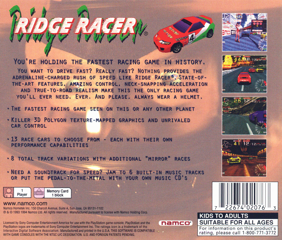Back Cover for Ridge Racer (PlayStation) (Greatest Hits release)