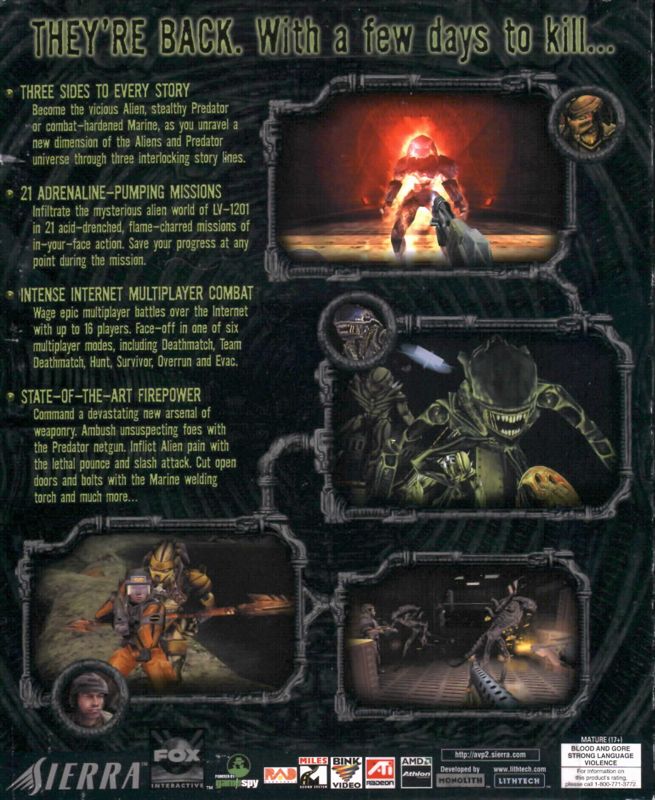 Back Cover for Aliens Versus Predator 2 (Windows)