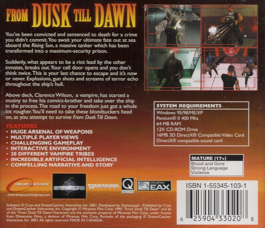 Other for From Dusk Till Dawn (Windows): Jewel Case - Back