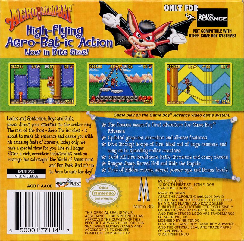 Back Cover for Aero the Acro-Bat (Game Boy Advance)