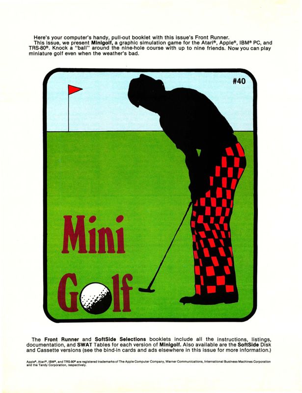 Front Cover for 9-Hole Miniature Golf (Apple II and Atari 8-bit and DOS and TRS-80): Illustration accompanying the type-in listings (SoftSide magazine, vol. 6, no. 7).