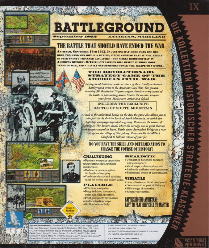 Back Cover for Battleground 5: Antietam (Windows and Windows 3.x) (Budget release)