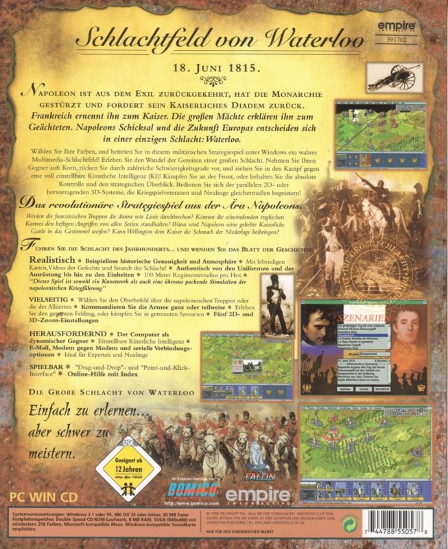 Back Cover for Battleground 3: Waterloo (Windows and Windows 3.x)