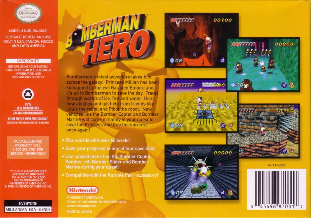 Back Cover for Bomberman Hero (Nintendo 64)