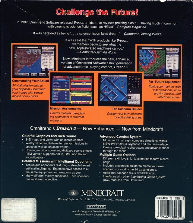 Back Cover for Breach 2 (DOS) (The later Mindcraft release)