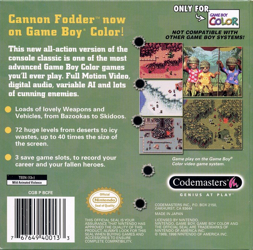 Back Cover for Cannon Fodder (Game Boy Color)