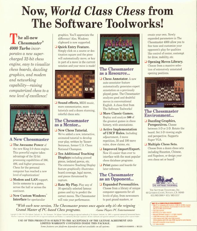 Back Cover for The Chessmaster 4000 Turbo (Windows 3.x)
