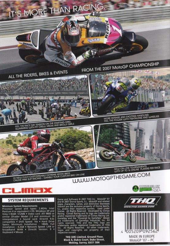 Back Cover for MotoGP '07 (Windows)