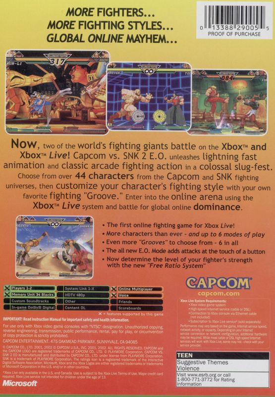 Back Cover for Capcom vs. SNK 2: Mark of the Millennium (Xbox)