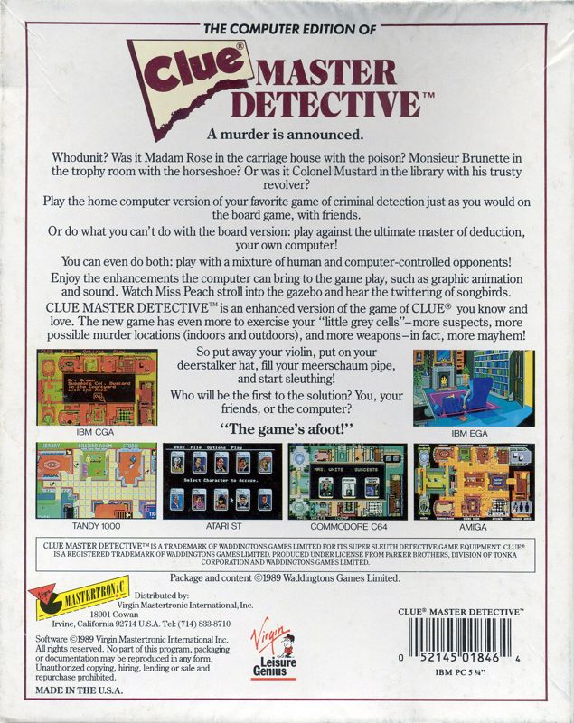 Back Cover for Clue: Master Detective (DOS) (3.5" Floppy Disk release)