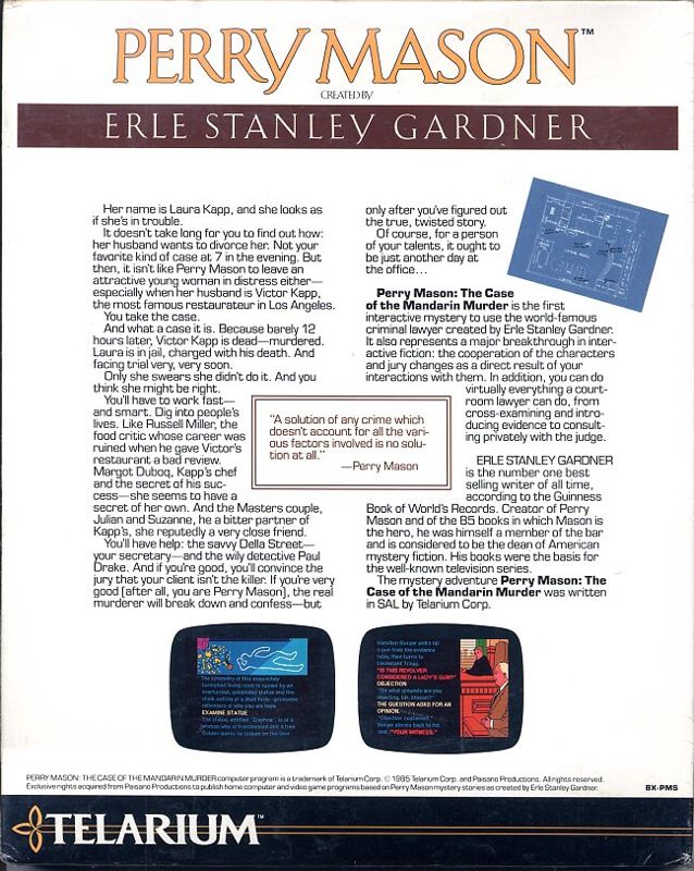 Back Cover for Perry Mason: The Case of the Mandarin Murder (Commodore 64) (Folder packaging)
