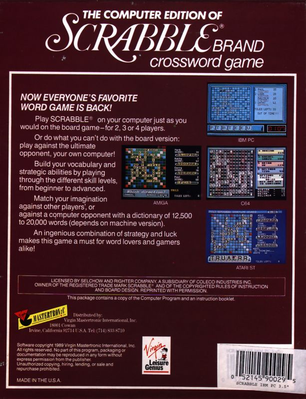 Back Cover for The Computer Edition of Scrabble Brand Crossword Game (DOS) (3.5" version)