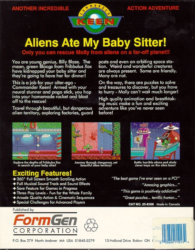 Back Cover for Commander Keen: Aliens Ate My Babysitter! (DOS)
