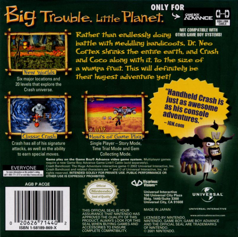 Back Cover for Crash Bandicoot: The Huge Adventure (Game Boy Advance)