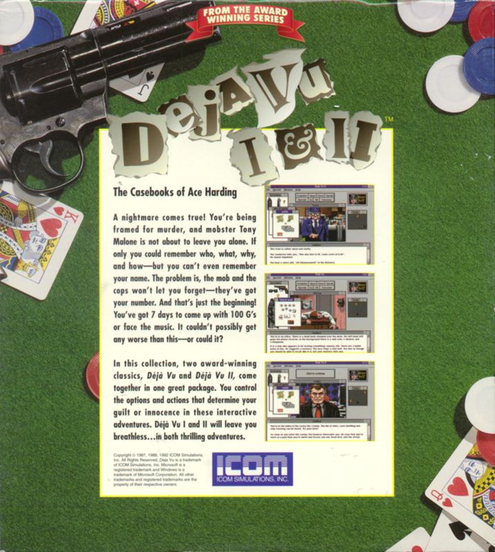 Back Cover for Déjà Vu I & II: The Casebooks of Ace Harding (DOS and Windows 3.x)