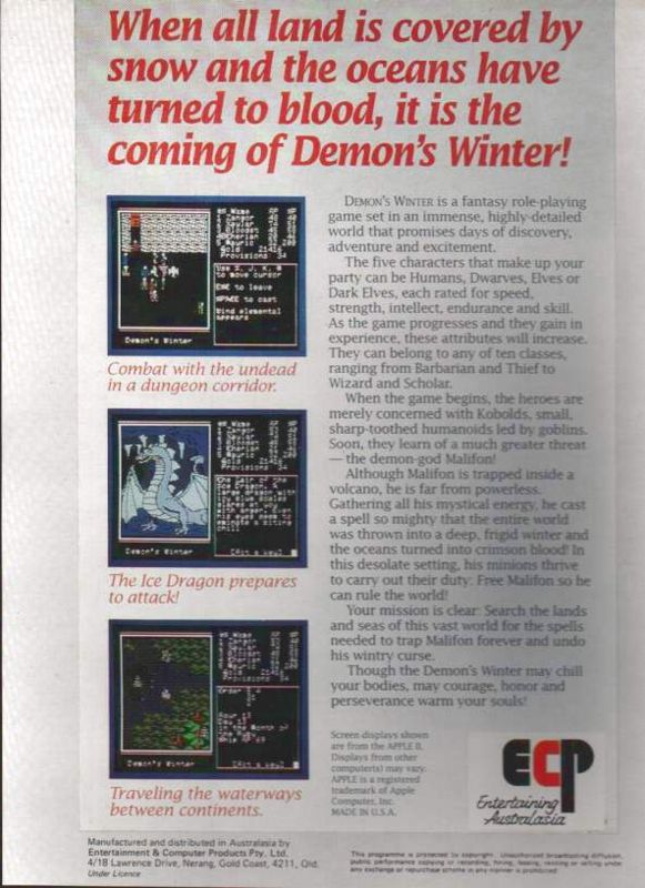 Back Cover for Demon's Winter (DOS)