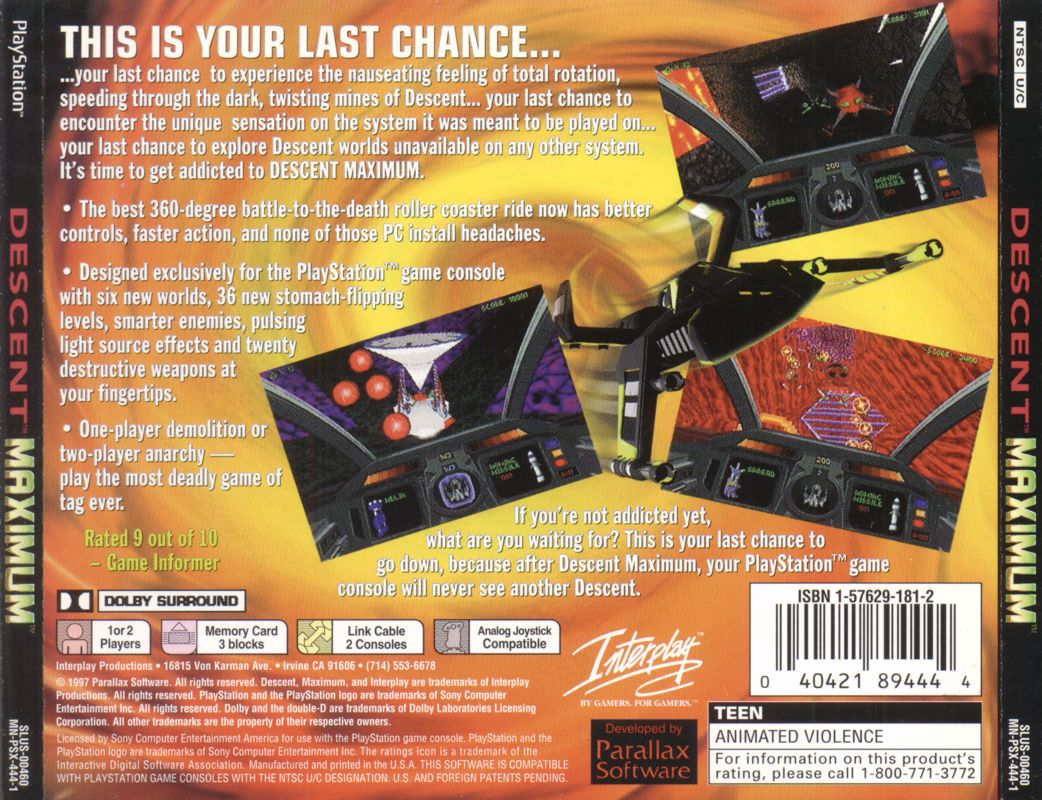 Back Cover for Descent Maximum (PlayStation)