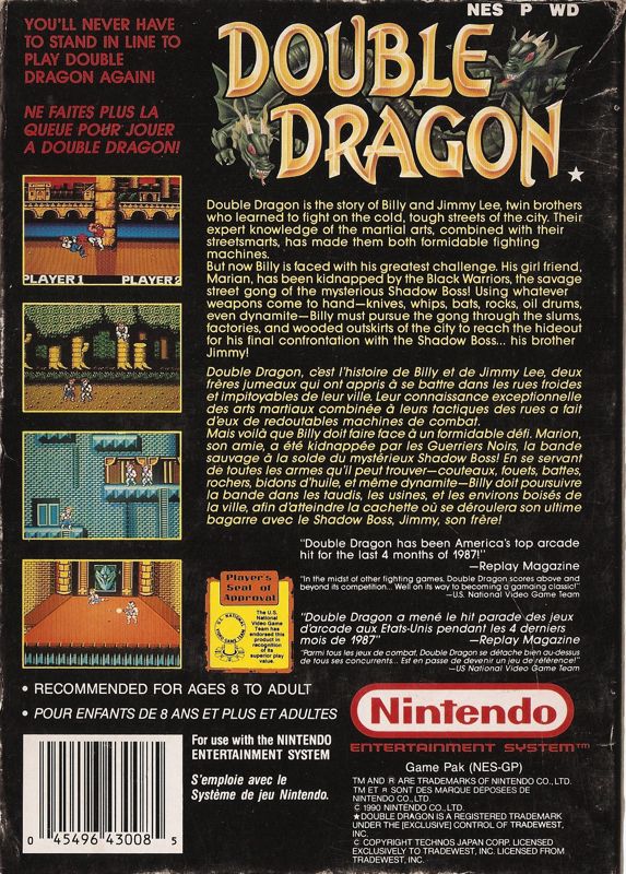 Back Cover for Double Dragon (NES)