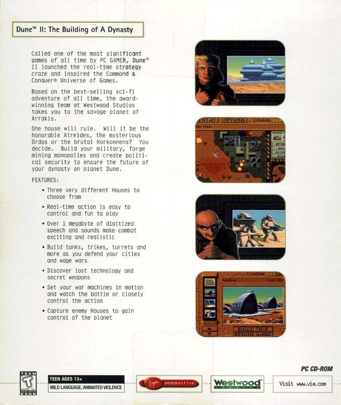 Back Cover for Dune II: The Building of a Dynasty (DOS) (White Label release)