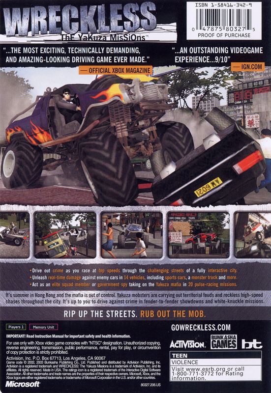 Back Cover for Wreckless: The Yakuza Missions (Xbox) (Platinum Hits Version)