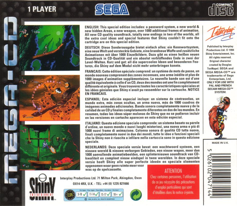 Back Cover for Earthworm Jim: Special Edition (SEGA CD)