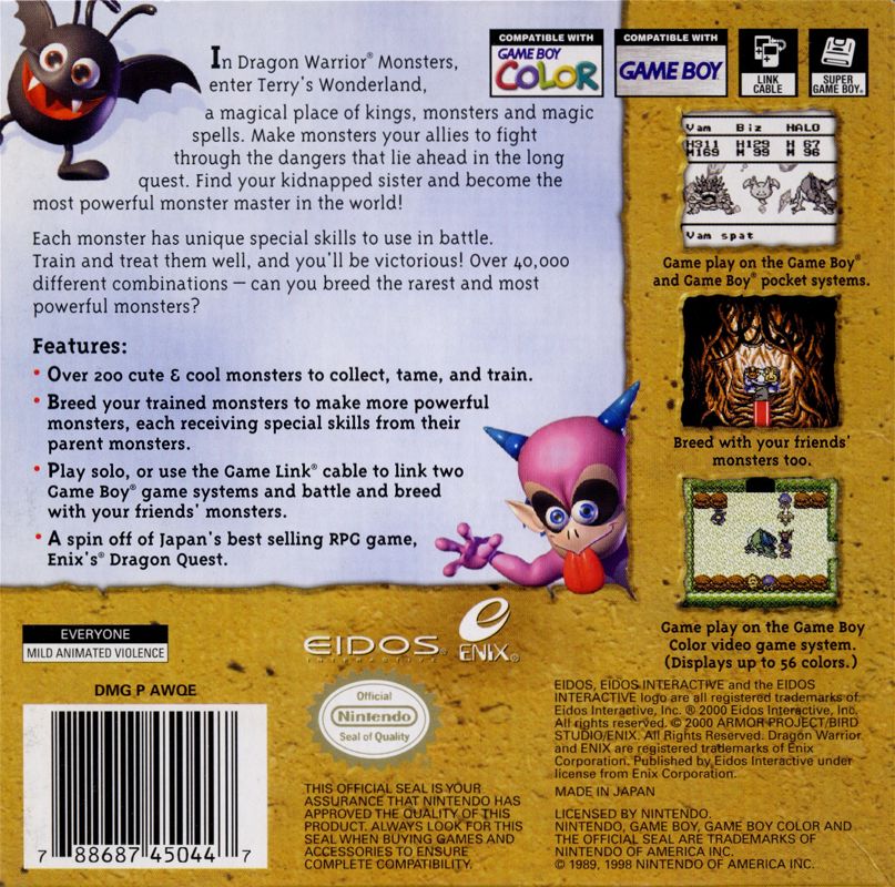 Back Cover for Dragon Warrior Monsters (Game Boy Color)