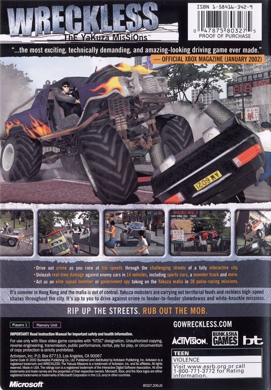 Back Cover for Wreckless: The Yakuza Missions (Xbox)