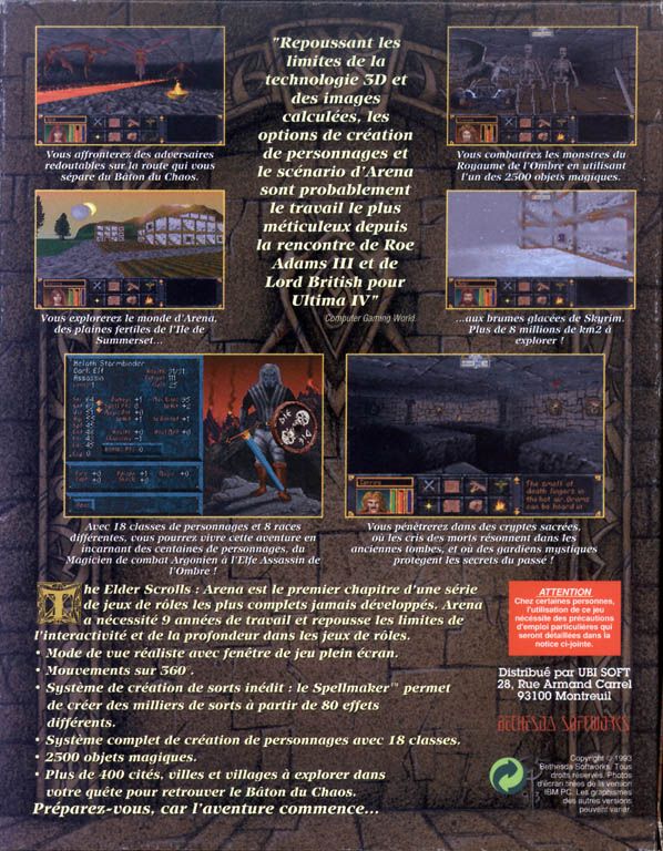 Back Cover for The Elder Scrolls: Arena (DOS)