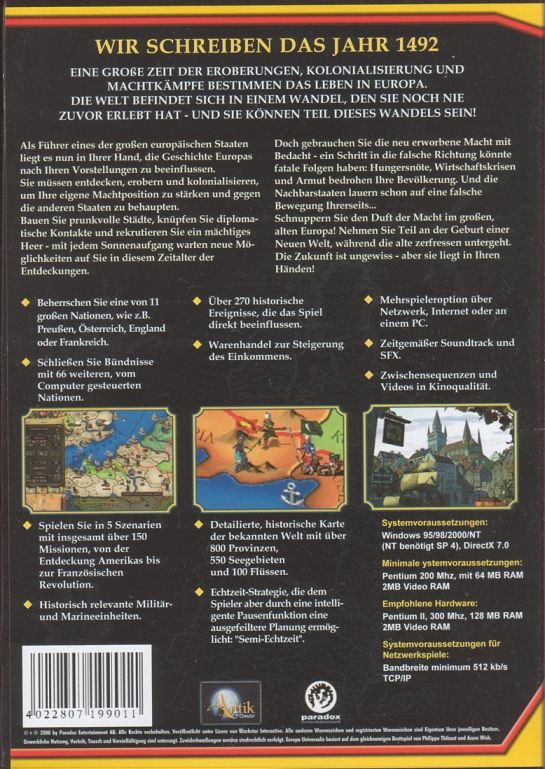 Back Cover for Europa Universalis (Windows)