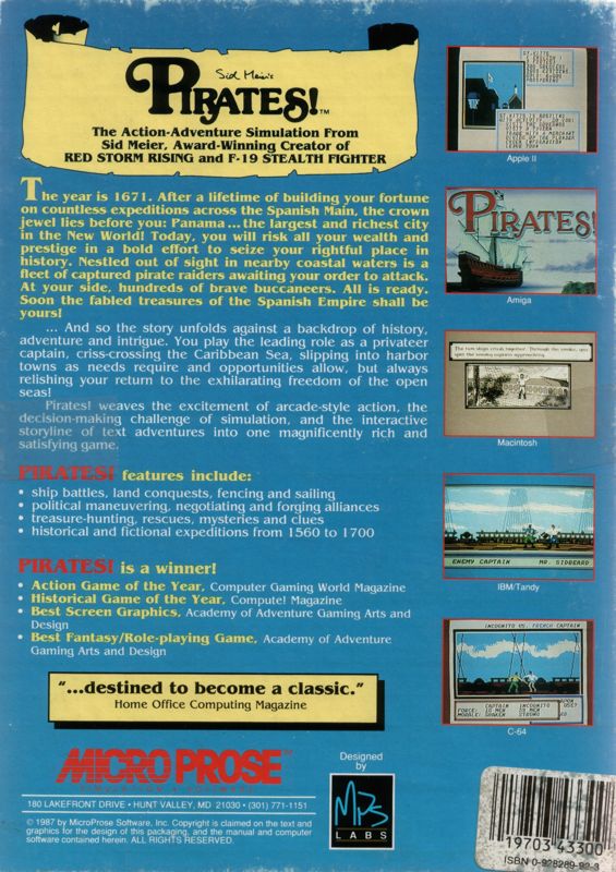 Back Cover for Sid Meier's Pirates! (PC Booter) (Second release)