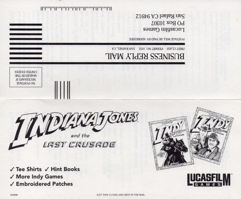 Other for Indiana Jones and the Last Crusade: The Graphic Adventure (DOS) (5 1/4" Floppy Disk Version): Registration Card Front
