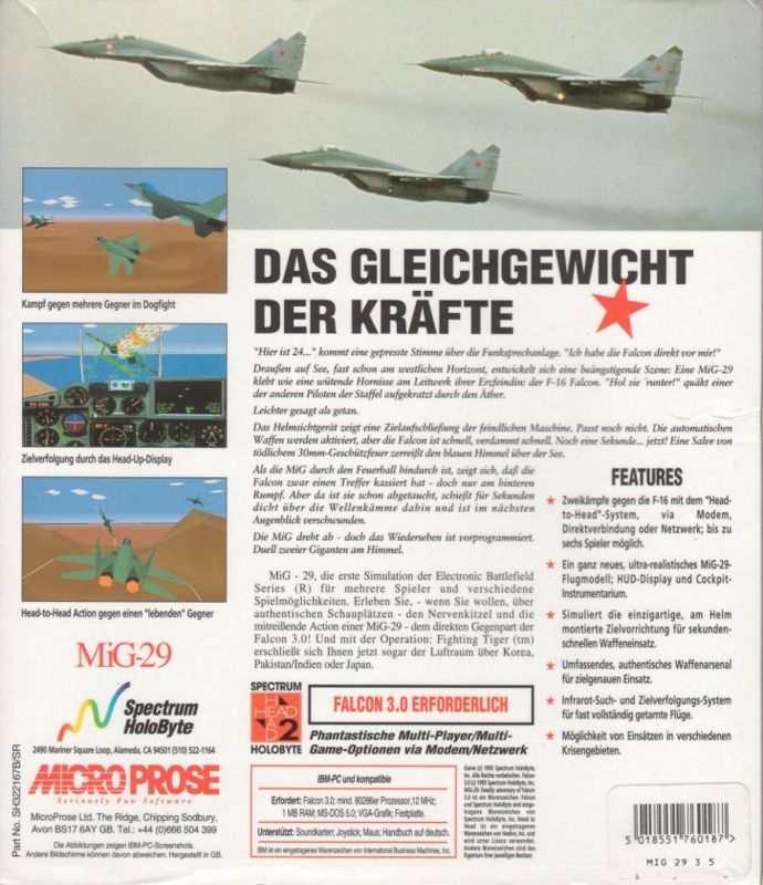 Back Cover for MiG-29: Deadly Adversary of Falcon 3.0 (DOS)