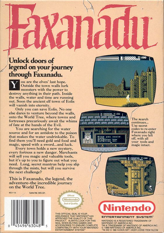 Back Cover for Faxanadu (NES)