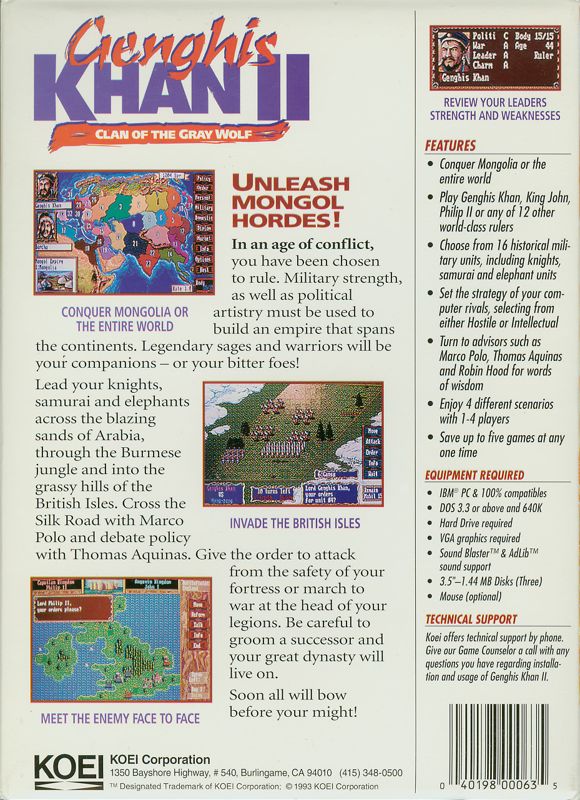Back Cover for Genghis Khan II: Clan of the Gray Wolf (DOS)